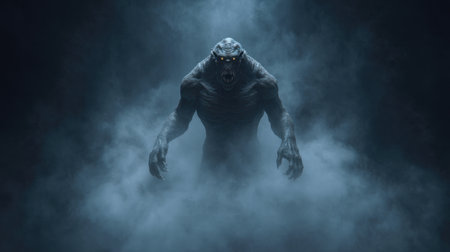 A striking visual depicting a fearsome creature shrouded in fog, creating a chilling atmosphere that captures the essence of horror and fantasy.の素材