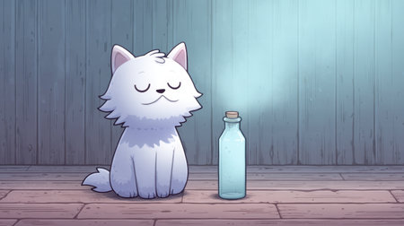 This enchanting illustration features a fluffy white cat sitting by a glowing bottle, surrounded by a warm and serene atmosphere on a rustic wooden floor. Perfect for charming designs.の素材