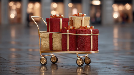 A visually striking golden shopping cart filled with decorated holiday gifts sits on a cobblestone street, illuminated by soft lights, creating a festive atmosphere.の素材