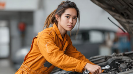 A focused young female mechanic works diligently on her car in a bright auto repair shop. She is dressed in an orange jumpsuit, showcasing her dedication to her craft.の素材