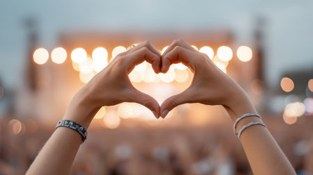A pair of hands forming a heart shape creates a touching moment during a lively concert, showcasing love and connection amidst a vibrant and energetic crowd.の素材