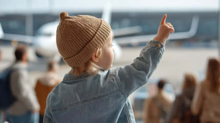 A young child in a knit cap stands at an airport, pointing excitedly as they observe the busy scene. This image captures the essence of joyful anticipation and wanderlust.の素材