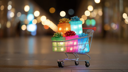 A vibrant shopping cart filled with colorful gift boxes, beautifully wrapped with bows, set against a dreamy backdrop of blurred festive lights, evoking excitement.の素材