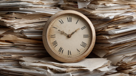 Discover a vintage clock partially hidden under piles of disordered paperwork, embodying the struggle of managing time and organization in a busy office environment.の素材