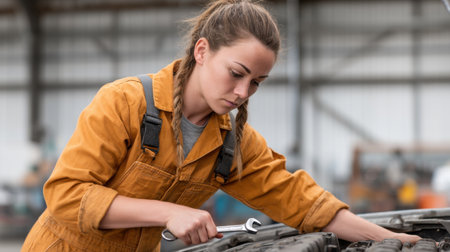 A woman mechanic demonstrates skill and dedication while working on an engine in a well-lit workshop, showcasing her tools and focus on the repair process.の素材