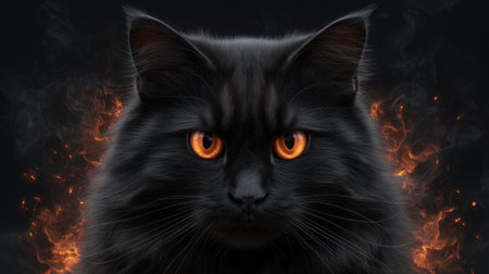 A striking portrait of a black cat with piercing orange eyes amidst a backdrop of swirling fiery smoke, capturing an air of mystery and enchantment.の素材