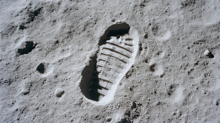 A striking image of a human footprint on the Moon, showcasing the fine details of lunar dust and the surreal environment of space exploration.の素材