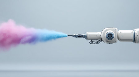 A robotic arm releases vibrant blue and pink smoke against a soft background, symbolizing creativity and innovation in technology and modern design.の素材
