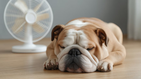 This charming image features a bulldog blissfully sleeping on a wooden floor, accompanied by a gently whirling fan, embodying a scene of comfort and tranquility.の素材