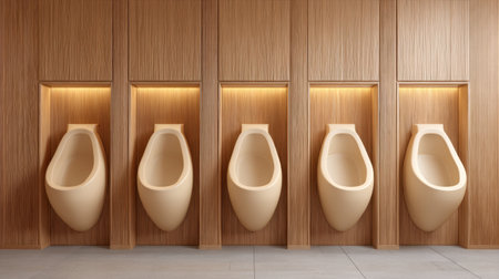This image showcases a modern restroom interior, highlighting five sleek urinals set against warm wooden walls with soft, ambient lighting, promoting cleanliness and comfort.の素材