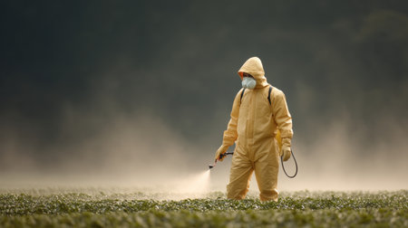 A farmer wearing a protective suit sprays pesticide in a misty agricultural field, highlighting the importance of safety and modern agricultural practices in crop management.の素材