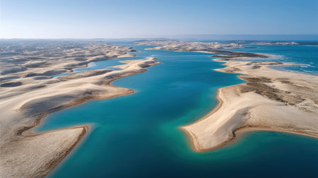 A breathtaking aerial view showcasing a tranquil coastal landscape with turquoise waters and expansive sandy beaches, perfect for nature lovers and travelers.の素材