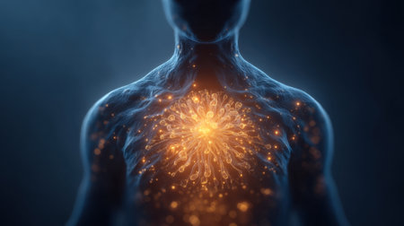 This digital artwork portrays the human body with radiant energy patterns glowing from the chest area, symbolizing health and inner vitality against a dark backdrop.の素材
