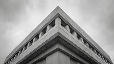 A striking low-angle view of a bold concrete structure under a dramatic sky, showcasing sharp lines and geometric forms that embody modern architectural design.の素材