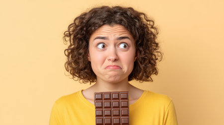 A young woman with curly hair shows a humorous and relatable expression while holding a chocolate bar, against a vibrant yellow background, evoking emotions related to treats.の素材