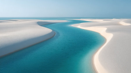 Discover a breathtaking coastal landscape featuring turquoise water flowing through soft white sand dunes under a clear blue sky, perfect for relaxation and exploration.の素材