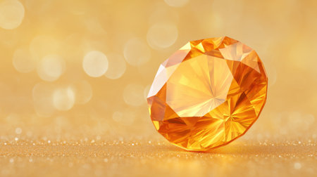 Beautiful orange gemstone sits gracefully on a shimmering golden background, showcasing intricate facets and captivating reflections that exude luxury and elegance.の素材