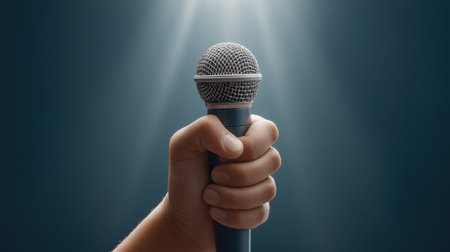 A dynamic close-up of a hand gripping a microphone against a spotlight backdrop, symbolizing performance and creativity in music, speech, and communication.の素材