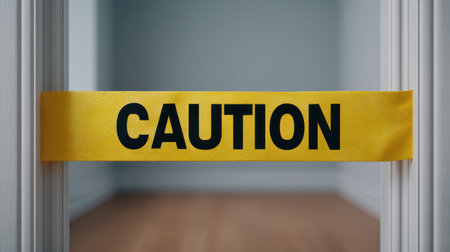 A bright yellow caution tape is stretched across a doorway, signaling potential danger or restricted access in a clean and minimal room setting.の素材