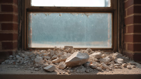 A captivating view of a dusty window adorned with crushed stone and debris in an abandoned building, where sunlight pours in, highlighting the serene atmosphere.の素材