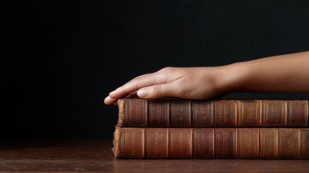 A serene image featuring a hand resting on a stack of vintage leather-bound books, evoking a sense of timeless elegance and a passion for literature in a dark setting.の素材