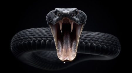 Stunning close-up of a black snake displaying its open mouth and sharp fangs, offering a captivating glimpse into the world of wildlife and nature photography.の素材