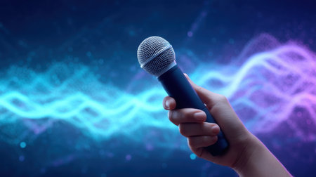 Close-up of a hand holding a microphone against a vibrant background of colorful sound waves, ideal for themes of music, performance, and creativity in various projects.の素材