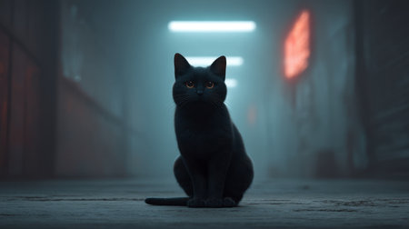 A captivating image of a black cat sitting calmly in a shadowy hallway. The scene is enhanced by fog and neon lights, evoking a sense of mystery and intrigue.の素材