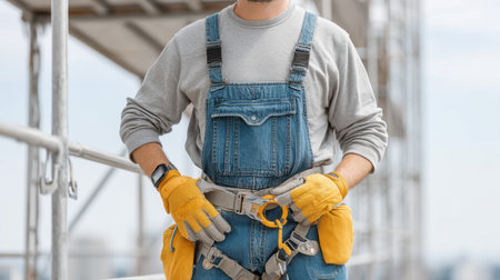 A skilled construction worker stands confidently on scaffolding, wearing a safety harness and gloves. The urban skyline forms a stunning backdrop, showcasing professionalism.の素材