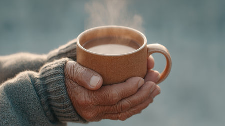 A serene moment captured with warm hands gently cradling a steaming cup of coffee, evoking a sense of comfort and tranquility in the early morning glow.の素材
