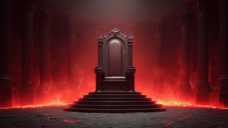 A captivating dark throne sits in a fiery environment, surrounded by gothic columns and glowing lava. This dramatic and mysterious setting evokes feelings of power and intrigue.の素材