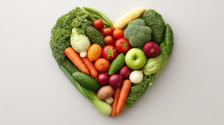 A vibrant display of various fresh vegetables and fruits beautifully arranged in the shape of a heart on a light background, symbolizing health and nutrition.の素材