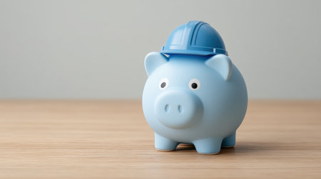 A whimsical blue piggy bank dons a construction helmet, symbolizing the importance of saving for future projects while adding a touch of creativity to finances.の素材