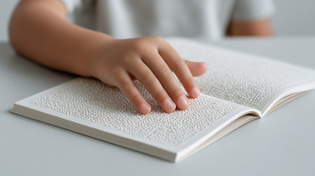 A child's hand gently explores a Braille book, highlighting the importance of accessibility in literature for visually impaired individuals. This image represents learning and inclusion.の素材