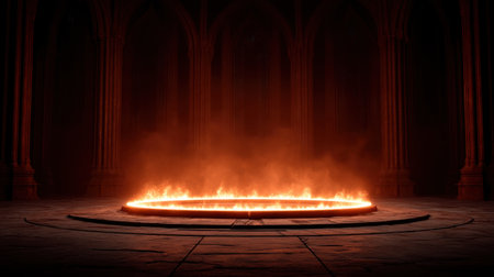 A captivating image of a fiery portal surrounded by a dark gothic setting, showcasing vibrant flames and a mysterious atmosphere perfect for fantasy themes or dramatic visuals.の素材