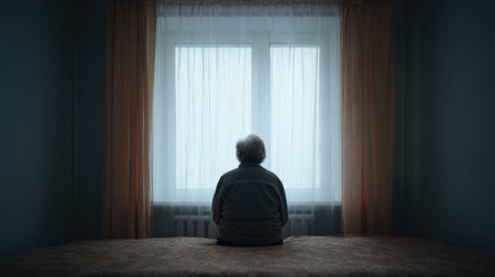 An elderly person sits quietly on a bed, facing a softly lit window. The serene atmosphere evokes deep contemplation and peace, drawing attention to life's reflections.の素材