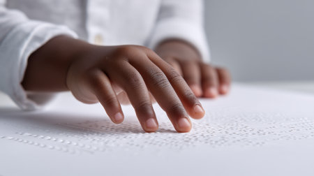 A young child's hand delicately touches braille text on a white paper surface, highlighting themes of accessibility, learning, and sensory exploration in education.の素材