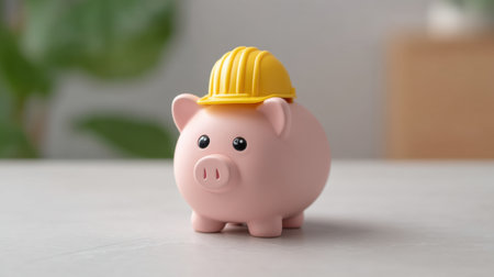 A charming piggy bank wearing a bright construction hat symbolizes the importance of saving and budgeting for building a secure financial future in modern life.の素材