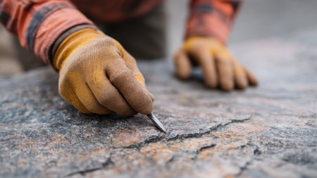 A skilled artisan carefully carves a design into a natural stone surface using a precision tool. The artist wears protective gloves, highlighting dedication to craftsmanship and safety.の素材