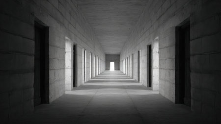 A captivating monochrome corridor featuring multiple doorways that lead to a stunning bright opening. The serene atmosphere and minimalist design evoke a sense of mystery and exploration.の素材
