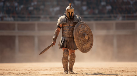 A confident gladiator stands in the arena, ready for battle. Clad in armor, holding a shield and sword, he embodies strength and courage in a historic setting.の素材