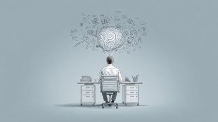 A business professional sits at a modern desk, deep in thought, as creative ideas manifest above their head in whimsical brain illustrations, symbolizing innovation.の素材