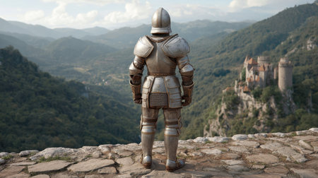 A lone knight in shining armor stands at the edge of a rocky outcrop, overlooking a picturesque valley with hills and an ancient castle, embodying a sense of adventure and history.の素材