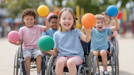 A group of enthusiastic children in wheelchairs joyfully participate in a playful activity at a park, showcasing inclusivity, friendship, and the spirit of togetherness.の素材