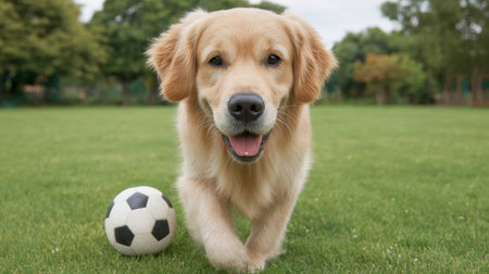 A joyful golden retriever dog runs towards the camera with a soccer ball on the lush green grass in a vibrant park, showcasing a moment of playfulness and pure happiness.の素材