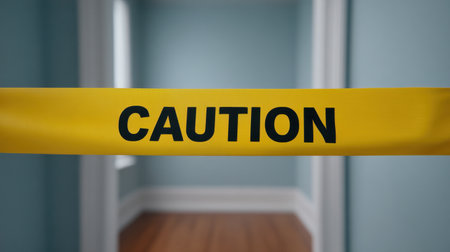 A caution tape barrier is prominently displayed in a bright interior room, signaling restricted access due to safety concerns during a construction or maintenance project.の素材