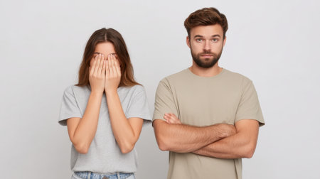 A young couple presents contrasting emotions in a neutral background. One partner covers their face, while the other expresses concern, portraying emotional tension.の素材