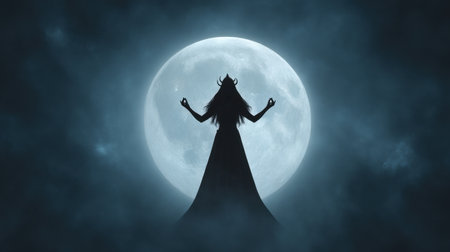 A haunting silhouette of a mystical figure meditates under a bright full moon, surrounded by fog and dark clouds, evoking feelings of serenity and mystery.の素材