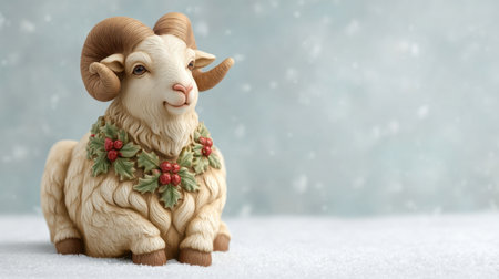 This charming figurine of a sheep adorned with holly leaves captures the essence of winter wonder. Perfect for enhancing festive decorations and spreading cheer.の素材