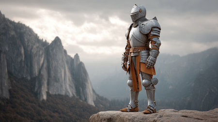 A solitary knight in shining armor gazes over a dramatic mountain landscape, embodying themes of courage and adventure against an atmospheric sky.の素材